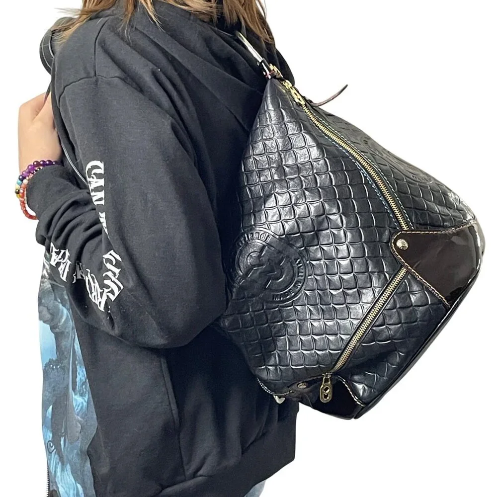 Marino Orlandi Italian Embossed Black Leather Sling Convertible Bag - Picture 11 of 11